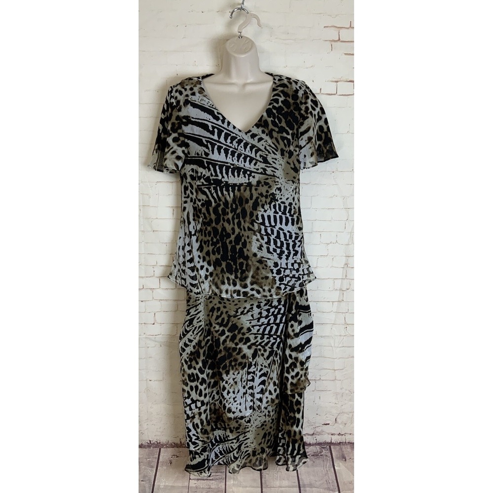 R&M Richards Womens Chiffon Padded Shoulder Animal Print Shirt & Skirt Set 14